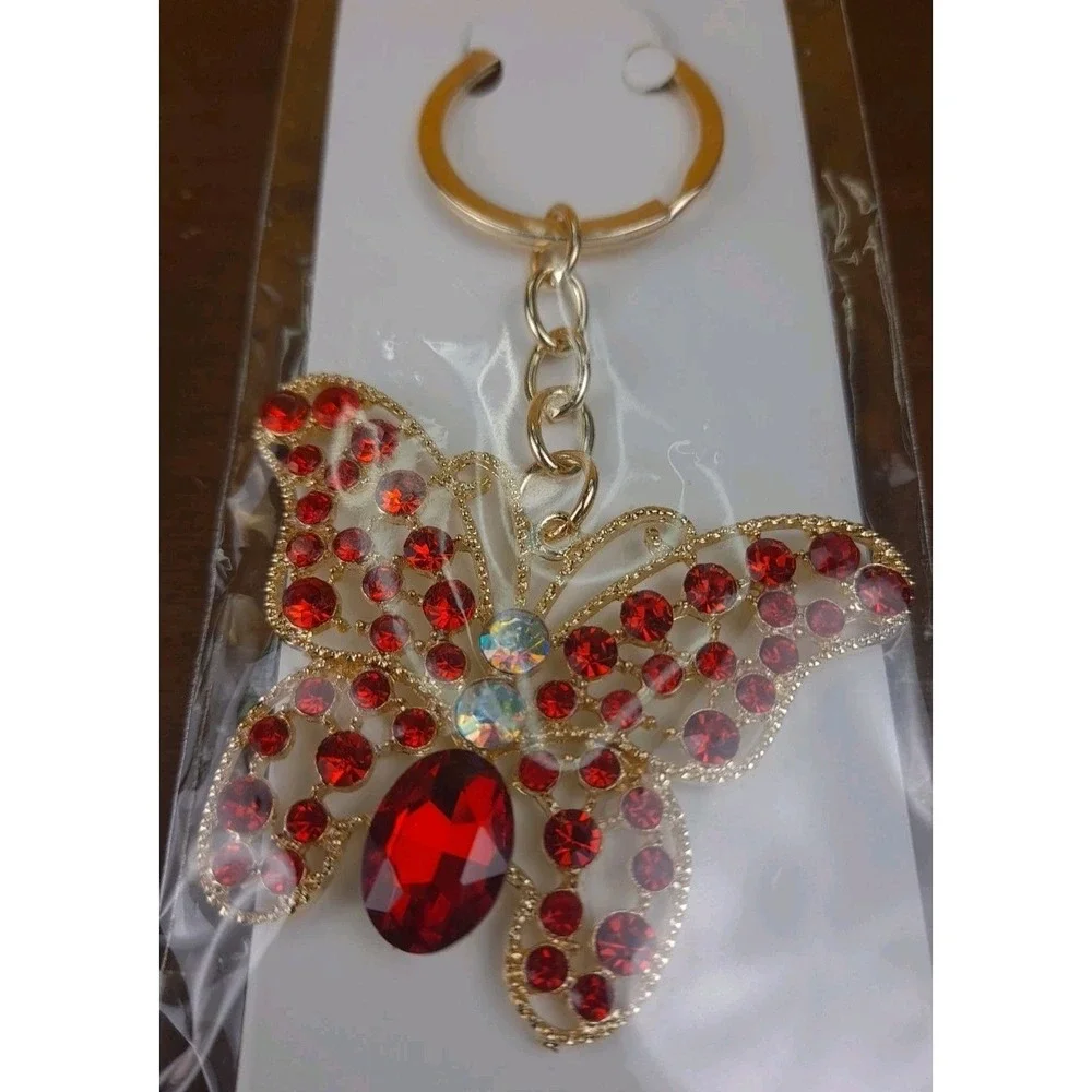 NIP Crystal‎ Collection Red Crystal Butterfly Gold Tone Keychain Backpack
